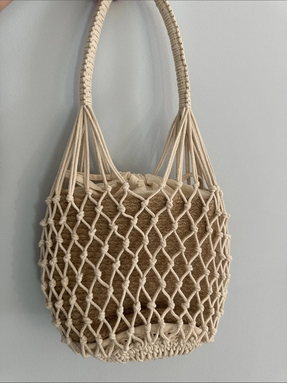 Crocheted Mesh & Straw bucket bag